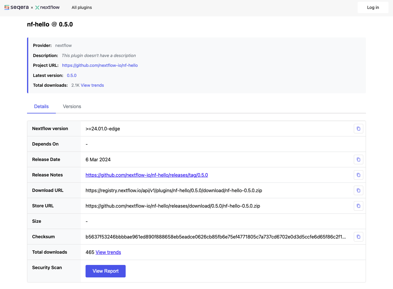 La página del plugin nf-hello en registry.nextflow.io
