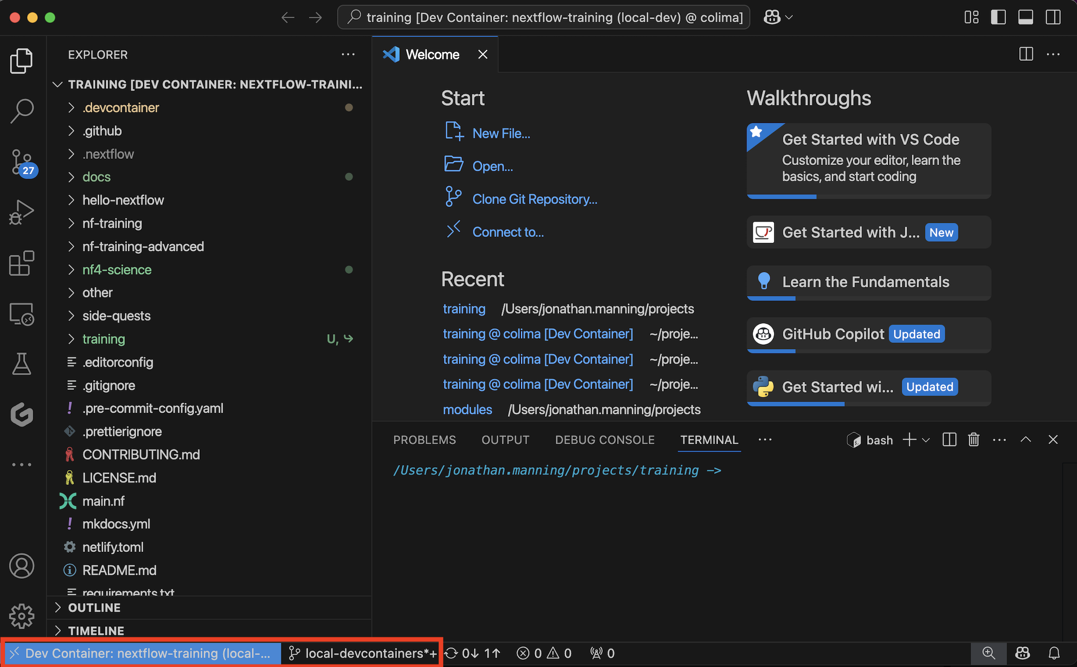 devcontainer가 실행 중인 VS Code